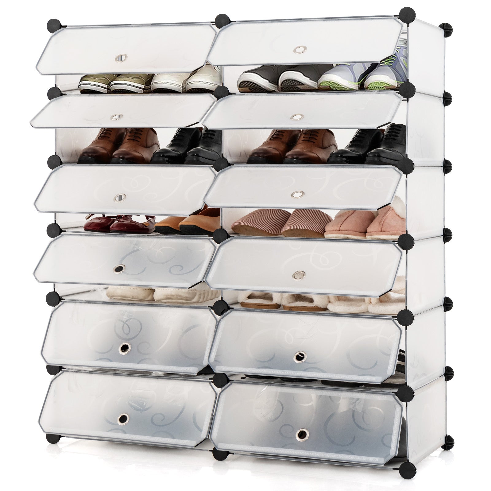 12-Cube DIY Portable Plastic Shoe Rack with Transparent Doors-White