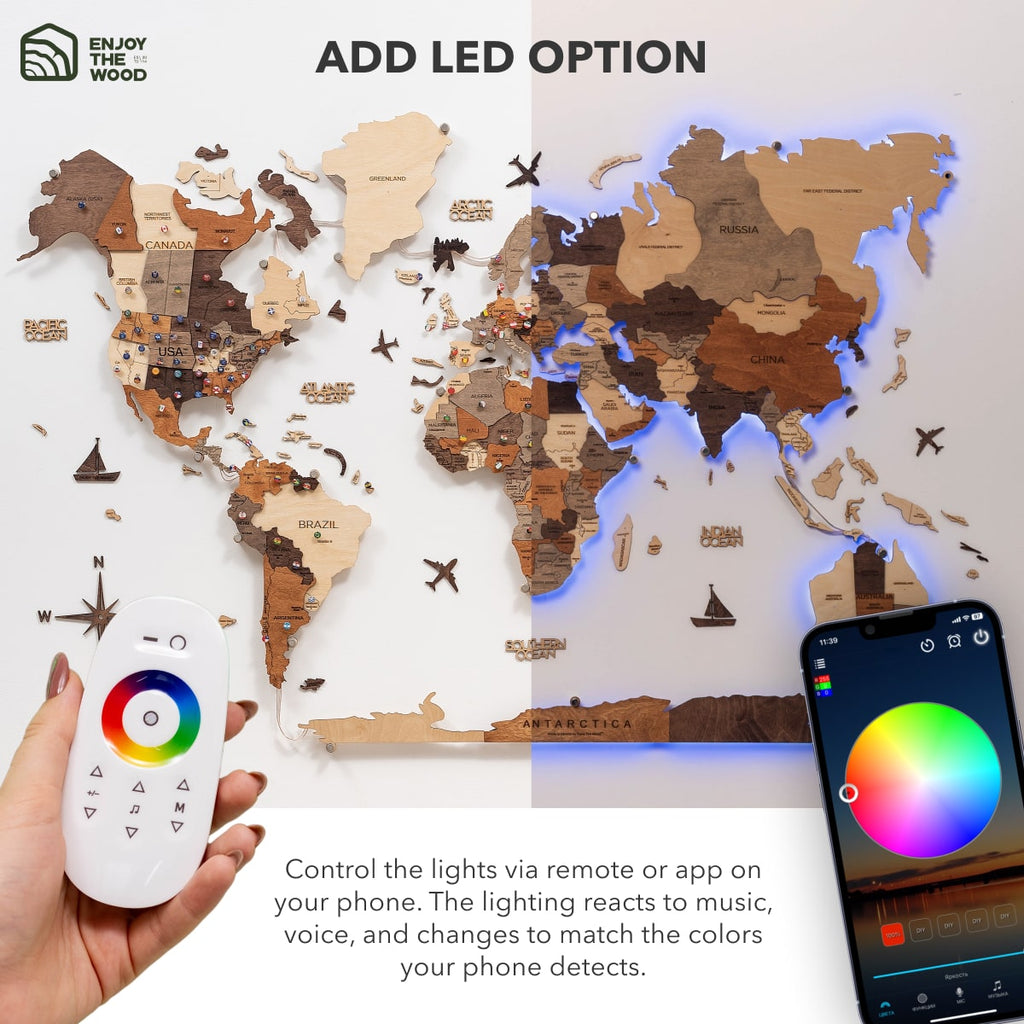 3D LED Wooden World Map 3.0 Multicolor