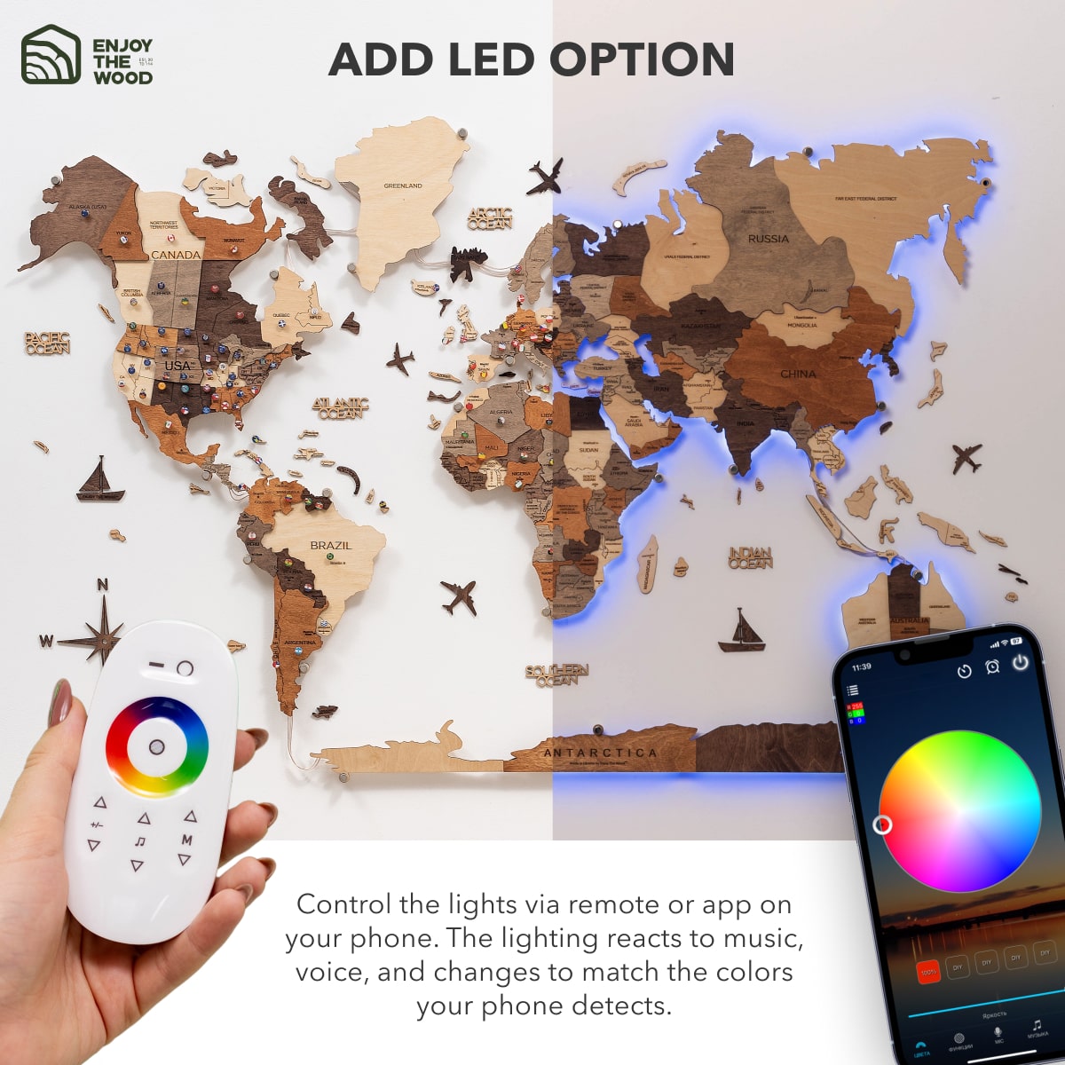 3D LED Wooden World Map 3.0 Multicolor