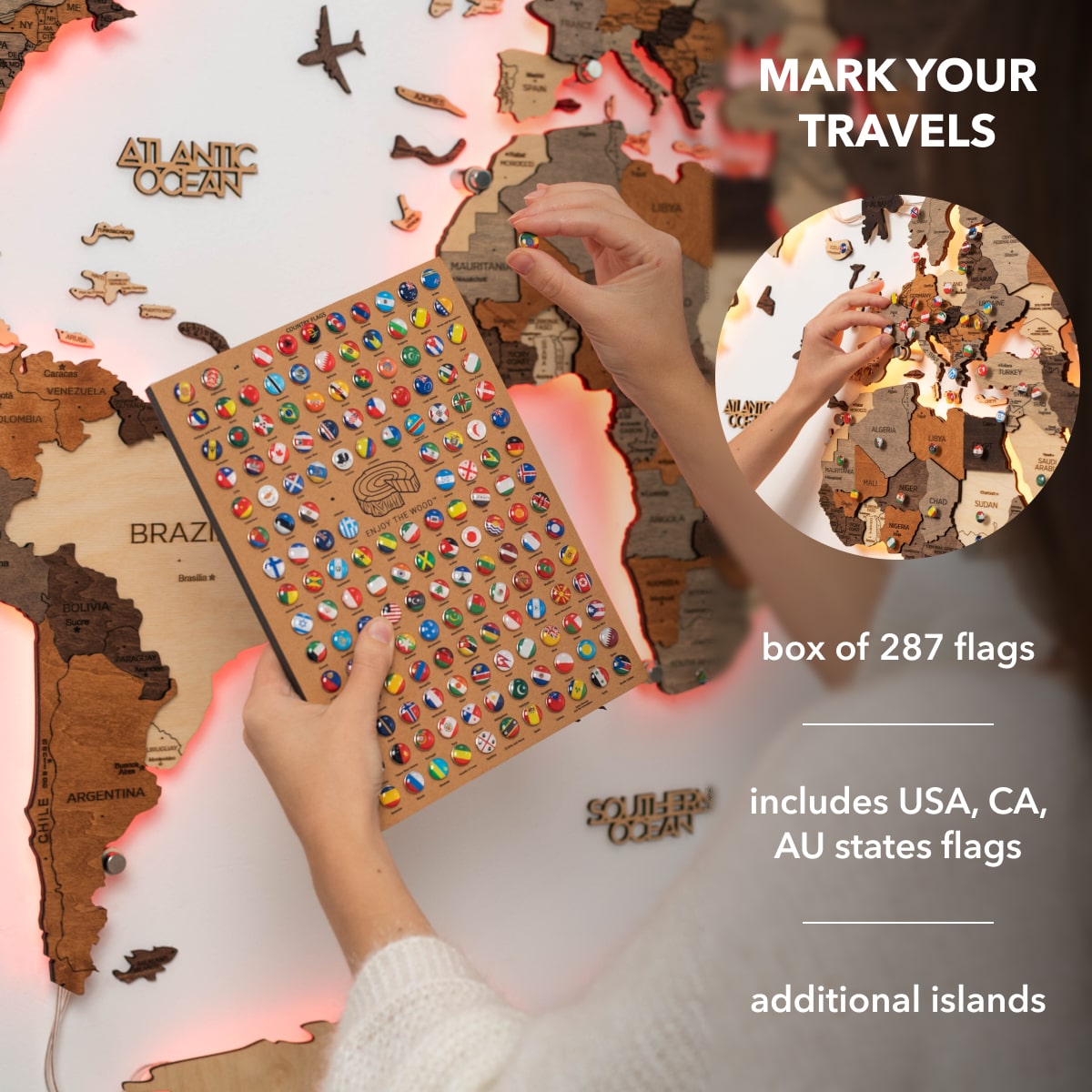 3D LED Wooden World Map 3.0 Multicolor